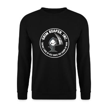 Funny Grim Reaper Inc. Logo, Goth Dark Humor - Unisex Pullover - Schwarz - Vorne - Alina (178cm) & Michal (187cm)