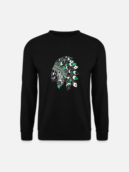 skull with white and green Indian headdress - Unisex Sweatshirt - black