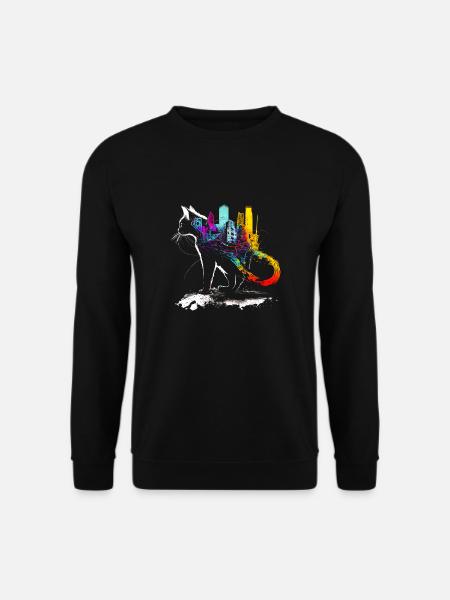 Katze mit einer bunten Stadt auf dem Rücken - Unisex Pullover - Schwarz