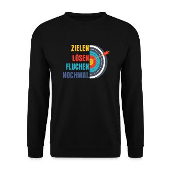 Zielen Lösen Fluchen Nochmal Jagd Bogenschütze - Unisex Pullover - Schwarz - Vorne - Alina (178cm) & Michal (187cm)
