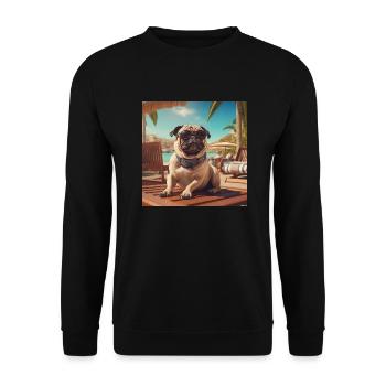 Mops mit Sonnenbrille im Urlaub am Strand - Unisex Pullover - Schwarz - Vorne - Alina (178cm) & Michal (187cm)