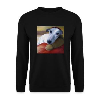 Whippet Portrait on a Sofa - Unisex Sweatshirt - black - Front - Alina (178cm) & Michal (187cm)