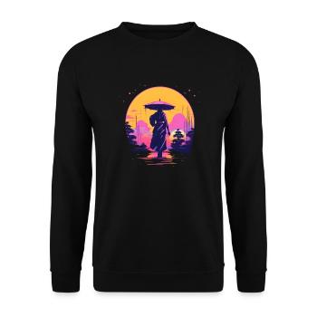 Synthwave Japan traditional woman with umbrella - Unisex Pullover - Schwarz - Vorne - Alina (178cm) & Michal (187cm)