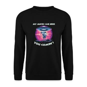 UFO Aliens mit Kuh befreundet - Unisex Pullover - Schwarz - Vorne - Alina (178cm) & Michal (187cm)