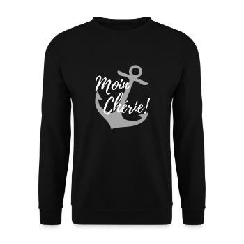 Liebevoller Gruß aus dem Norden: Moin Chérie weiß - Unisex Pullover - Schwarz - Vorne - Alina (178cm) & Michal (187cm)