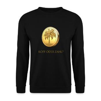 Goldener Münzwurf „Kopf oder Zahl?“ deutsch - Unisex Pullover - Schwarz - Vorne - Alina (178cm) & Michal (187cm)