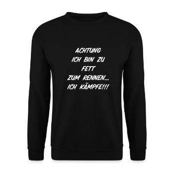 Achtung ich bin zu fett zum Rennen - Unisex Pullover - Schwarz - Vorne - Alina (178cm) & Michal (187cm)