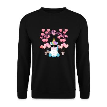 Junggesellenabschied; Happy Wife, Einhorn - Unisex Pullover - Schwarz - Vorne - Alina (178cm) & Michal (187cm)