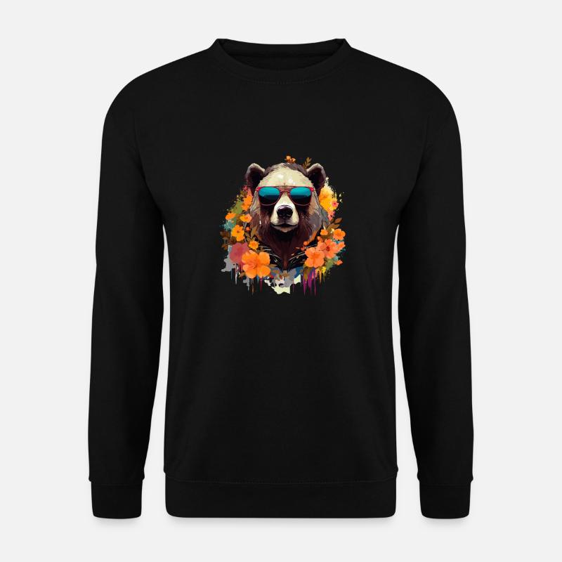 cooler bunter Bär mit Sonnenbrille und Blumen - Unisex Pullover - Schwarz