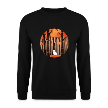 Katze im herbstlichen Wald - Unisex Pullover - Schwarz - Vorne - Alina (178cm) & Michal (187cm)