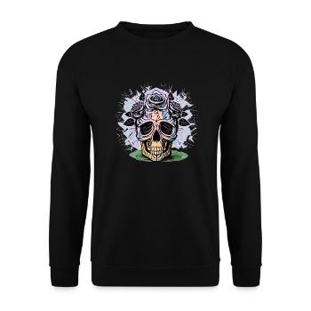 Kreativer Totenkopf mit Rosen Design - Unisex Pullover - Schwarz - Vorne - Alina (178cm) & Michal (187cm)