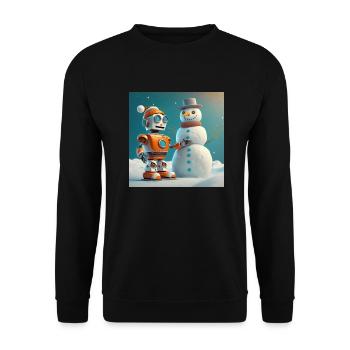 niedlicher kleiner orangefarbener futuristischer Vintage-Roboter - Unisex Pullover - Schwarz - Vorne - Alina (178cm) & Michal (187cm)