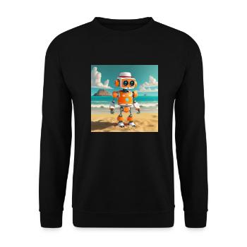 niedlicher kleiner orangefarbener futuristischer Vintage-Roboter - Unisex Pullover - Schwarz - Vorne - Alina (178cm) & Michal (187cm)