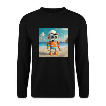 niedlicher kleiner orangefarbener futuristischer Vintage-Roboter - Unisex Pullover - Schwarz - Vorne - Alina (178cm) & Michal (187cm)