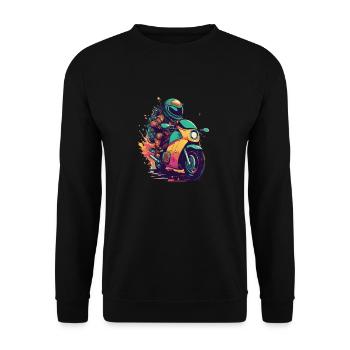 Cooler farbenfroher Motorrad Print - Unisex Pullover - Schwarz - Vorne - Alina (178cm) & Michal (187cm)