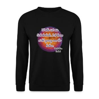 Wolle ist wie Schokolade. Ich kann nicht genug von - Unisex Pullover - Schwarz - Vorne - Alina (178cm) & Michal (187cm)