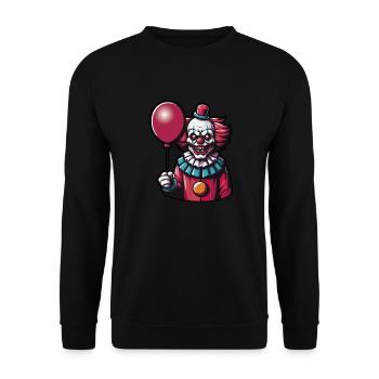 Gruseliger Clown mit roten Haaren, der einen roten Luftballon hält - Unisex Pullover - Schwarz - Vorne - Alina (178cm) & Michal (187cm)