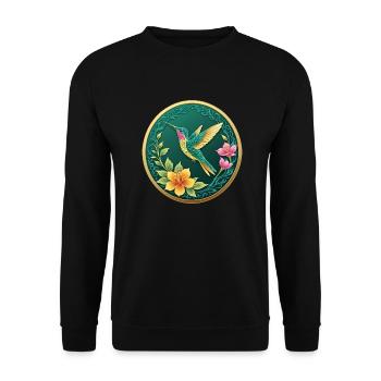 Ausgefallener Münzkolibri auf Blumen - Unisex Pullover - Schwarz - Vorne - Alina (178cm) & Michal (187cm)