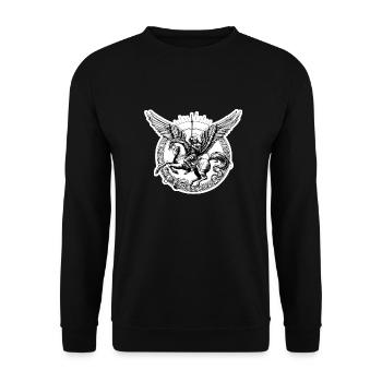 ein Engel, der mit einem Schwert bewaffnet ist - Unisex Pullover - Schwarz - Vorne - Alina (178cm) & Michal (187cm)