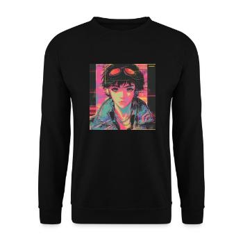 80er Jahre Anime Teen Beruhigender Hochwertiger Modedruck - Unisex Pullover - Schwarz - Vorne - Alina (178cm) & Michal (187cm)