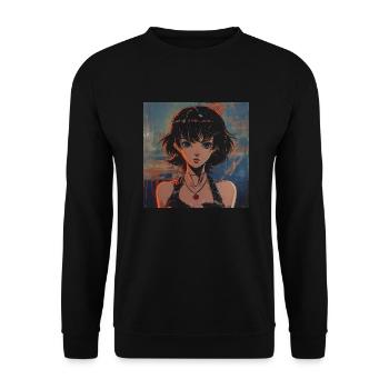 80er Jahre Anime Mädchen beruhigender hochwertiger Modedruck - Unisex Pullover - Schwarz - Vorne - Alina (178cm) & Michal (187cm)