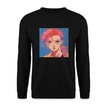 80er Jahre Anime Mädchen beruhigender hochwertiger Modedruck - Unisex Pullover - Schwarz - Vorne - Alina (178cm) & Michal (187cm)