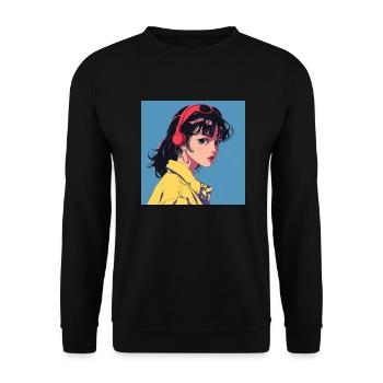 80er Jahre Anime Mädchen beruhigender hochwertiger Modedruck - Unisex Pullover - Schwarz - Vorne - Alina (178cm) & Michal (187cm)
