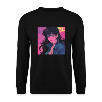 80er Jahre Anime Mädchen beruhigender hochwertiger Modedruck - Unisex Pullover - Schwarz - Vorne - Alina (178cm) & Michal (187cm)