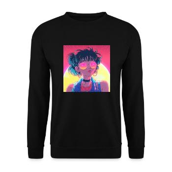 80er Jahre Anime Mädchen beruhigender hochwertiger Modedruck - Unisex Pullover - Schwarz - Vorne - Alina (178cm) & Michal (187cm)