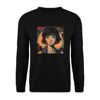 80er Jahre Anime Mädchen beruhigender hochwertiger Modedruck - Unisex Pullover - Schwarz - Vorne - Alina (178cm) & Michal (187cm)