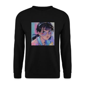 80er Jahre Anime Mädchen beruhigender hochwertiger Modedruck - Unisex Pullover - Schwarz - Vorne - Alina (178cm) & Michal (187cm)