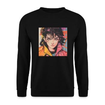80er Jahre Anime Mädchen beruhigender hochwertiger Modedruck - Unisex Pullover - Schwarz - Vorne - Alina (178cm) & Michal (187cm)