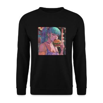 80er Jahre Anime Mädchen beruhigender hochwertiger Modedruck - Unisex Pullover - Schwarz - Vorne - Alina (178cm) & Michal (187cm)