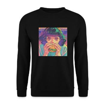 80er Jahre Anime Mädchen beruhigend hochwertiger Modedruck - Unisex Pullover - Schwarz - Vorne - Alina (178cm) & Michal (187cm)