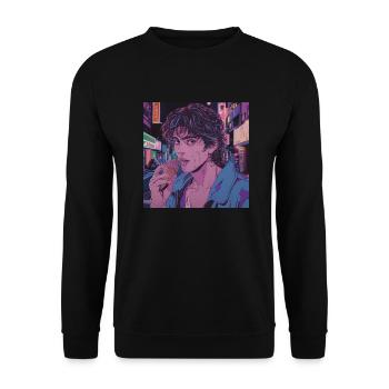 80er Jahre Anime Mädchen beruhigender hochwertiger Modedruck - Unisex Pullover - Schwarz - Vorne - Alina (178cm) & Michal (187cm)