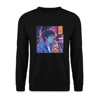 80er Jahre Anime Typ beruhigender hochwertiger Modedruck - Unisex Pullover - Schwarz - Vorne - Alina (178cm) & Michal (187cm)