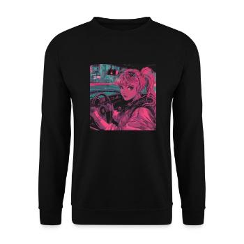 80er Jahre Anime Mädchen beruhigender hochwertiger Modedruck - Unisex Pullover - Schwarz - Vorne - Alina (178cm) & Michal (187cm)