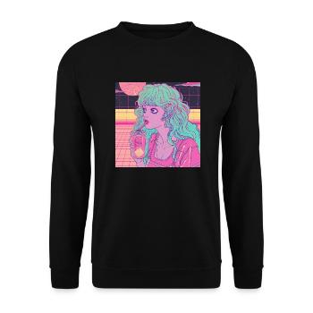 80s anime girl calming high quality fashion print - Unisex Sweatshirt - black - Front - Alina (178cm) & Michal (187cm)