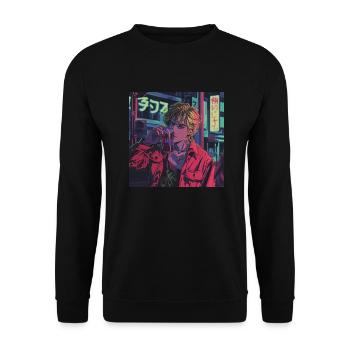 Années 80 Anime Guy Calmant Impression de mode de haute qualité - Sweat-shirt Unisexe - noir - Devant - Alina (178cm) & Michal (187cm)