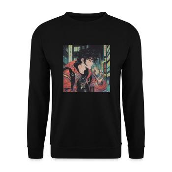 Années 80 Anime Guy Calmant Impression de mode de haute qualité - Sweat-shirt Unisexe - noir - Devant - Alina (178cm) & Michal (187cm)
