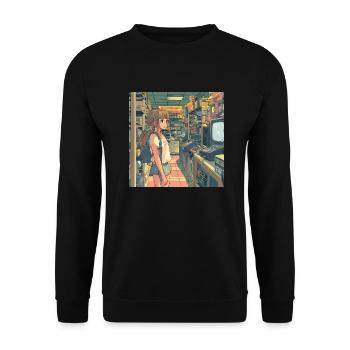 80er Jahre Anime Mädchen beruhigender hochwertiger Modedruck - Unisex Pullover - Schwarz - Vorne - Alina (178cm) & Michal (187cm)