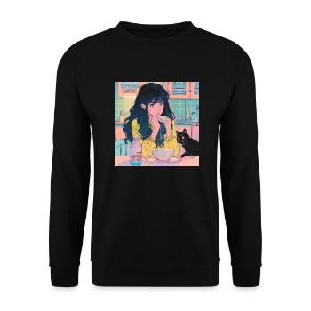 80s anime girl calming high quality fashion print - Unisex Sweatshirt - black - Front - Alina (178cm) & Michal (187cm)