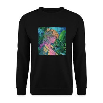 80er Jahre Anime Mädchen beruhigender hochwertiger Modedruck - Unisex Pullover - Schwarz - Vorne - Alina (178cm) & Michal (187cm)