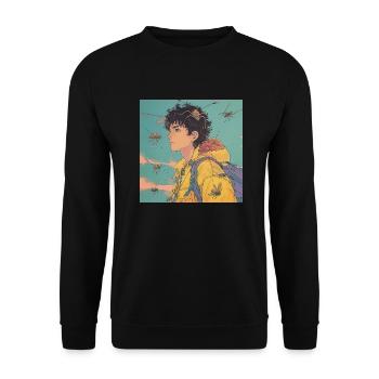 Années 80 Anime Guy Calmant Impression de mode de haute qualité - Sweat-shirt Unisexe - noir - Devant - Alina (178cm) & Michal (187cm)