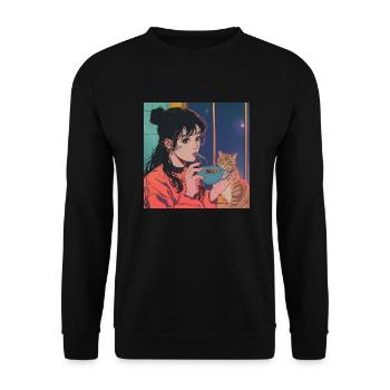 80er Jahre Anime Mädchen beruhigender hochwertiger Modedruck - Unisex Pullover - Schwarz - Vorne - Alina (178cm) & Michal (187cm)