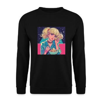 80er Jahre Anime Mädchen beruhigender hochwertiger Modedruck - Unisex Pullover - Schwarz - Vorne - Alina (178cm) & Michal (187cm)
