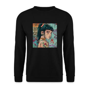 80er Jahre Anime Mädchen beruhigender hochwertiger Modedruck - Unisex Pullover - Schwarz - Vorne - Alina (178cm) & Michal (187cm)