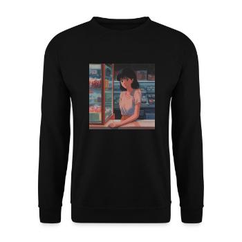 80er Jahre Anime Teen Beruhigender Hochwertiger Modedruck - Unisex Pullover - Schwarz - Vorne - Alina (178cm) & Michal (187cm)