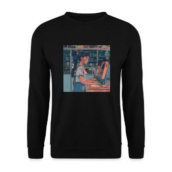 80er Jahre Anime Teen Beruhigender Hochwertiger Modedruck - Unisex Pullover - Schwarz - Vorne - Alina (178cm) & Michal (187cm)