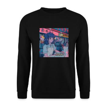 80er Jahre Anime Teen Beruhigender Hochwertiger Modedruck - Unisex Pullover - Schwarz - Vorne - Alina (178cm) & Michal (187cm)
